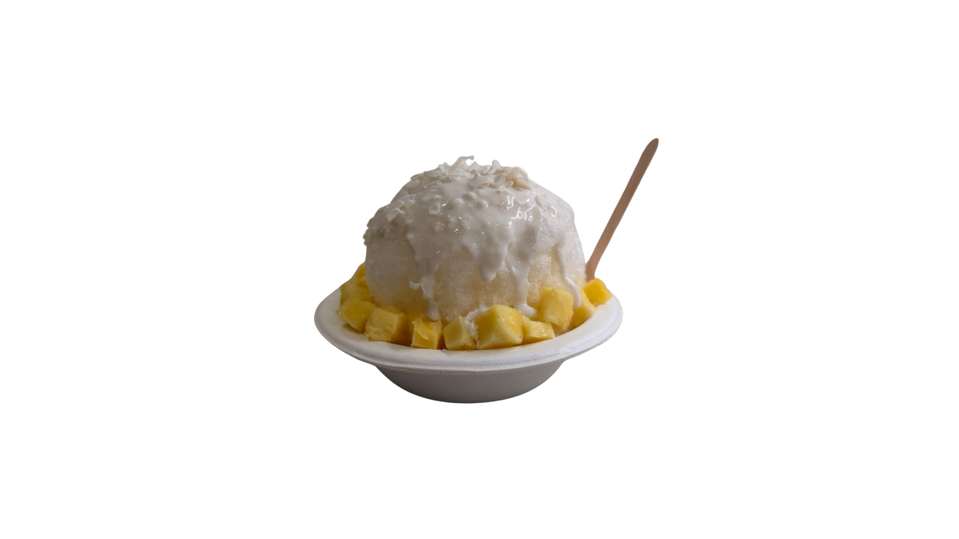 A bowl of Filipino mango sago gulaman topped with a scoop of shaved ice and drizzled with white syrup.