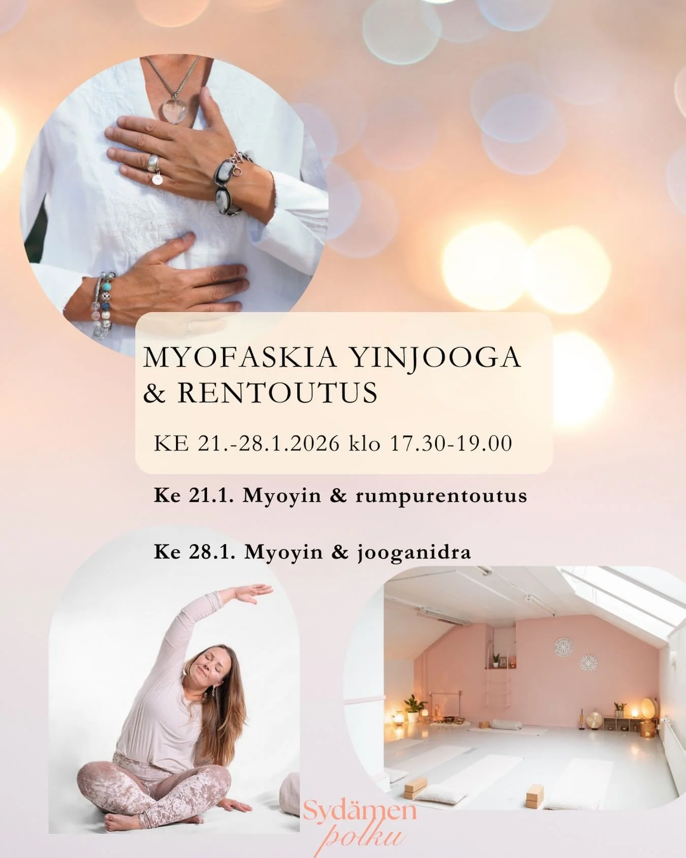 💗 MYOFASKIA YINJOOGA &amp; RENTOUTUS
KE 21.&ndash;28.1.2026 klo 17.30&ndash;19.00

Tammikuun keskiviikkoillat on omistettu lempe&auml;lle palautumiselle, kehon vapautumiselle ja hermoston rauhoittamiselle. Luvassa kaksi erityist&auml; iltaa, joissa 