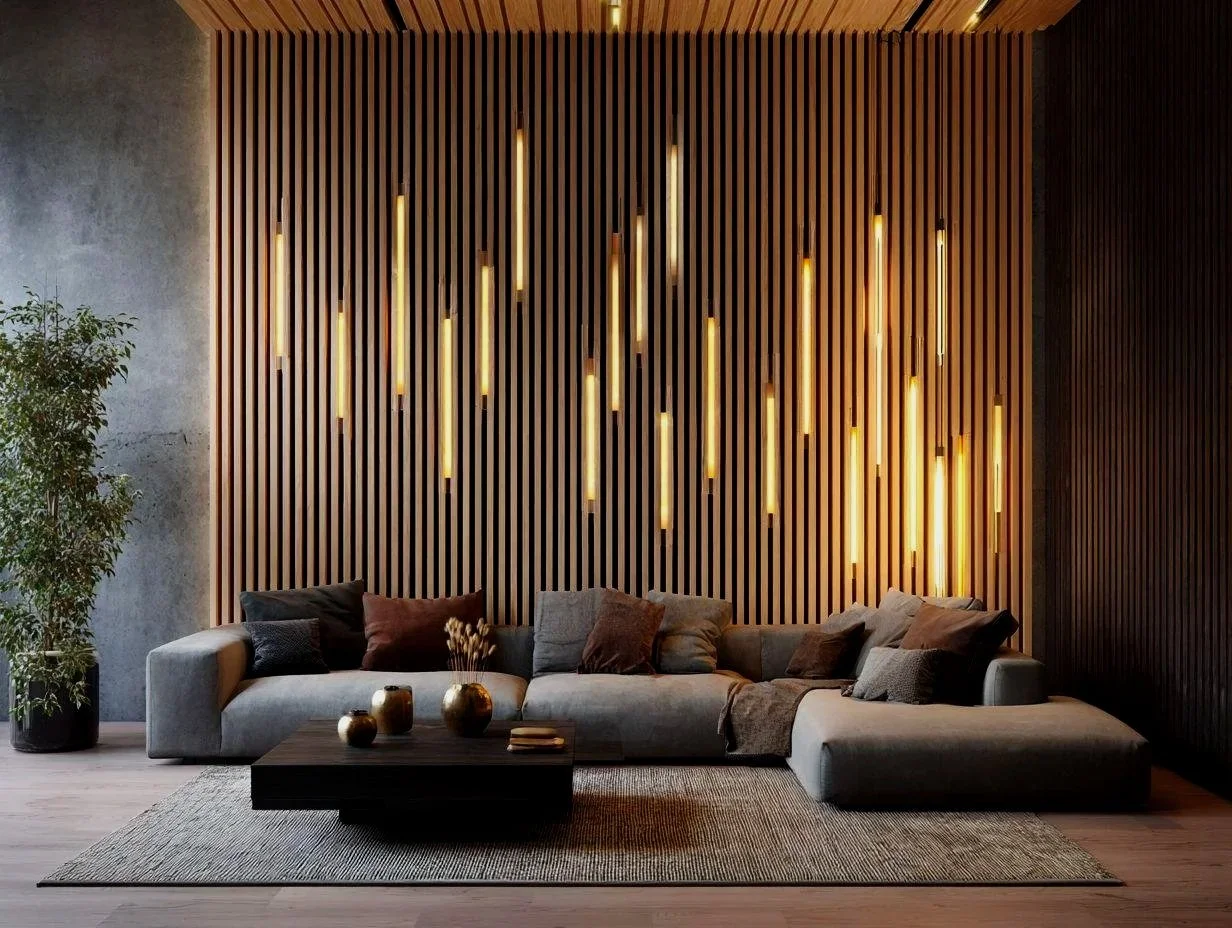 Modern living room with gray sectional sofa, dark pillows, and a wooden slat accent wall with vertical light fixtures, a potted plant on the left, and a black coffee table with decorative vases and books.