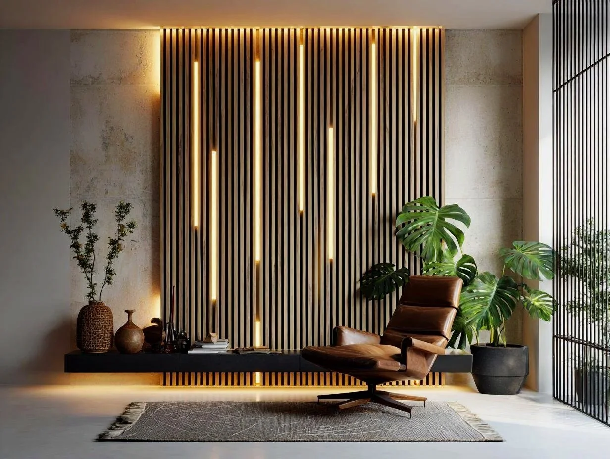 Modern interior with a brown leather chair, large green leafy plants, decorative vases, and a wooden slat wall with vertical lighting.