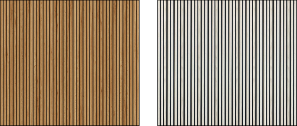 Comparison of two wooden surfaces with vertical slats, one in natural wood finish and the other painted black and white.