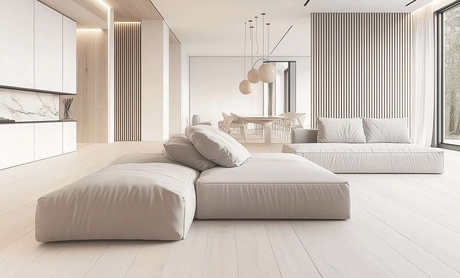 Minimalist living room with white sectional sofa, beige cushions, wood-paneled wall, and large window showing outdoor scenery