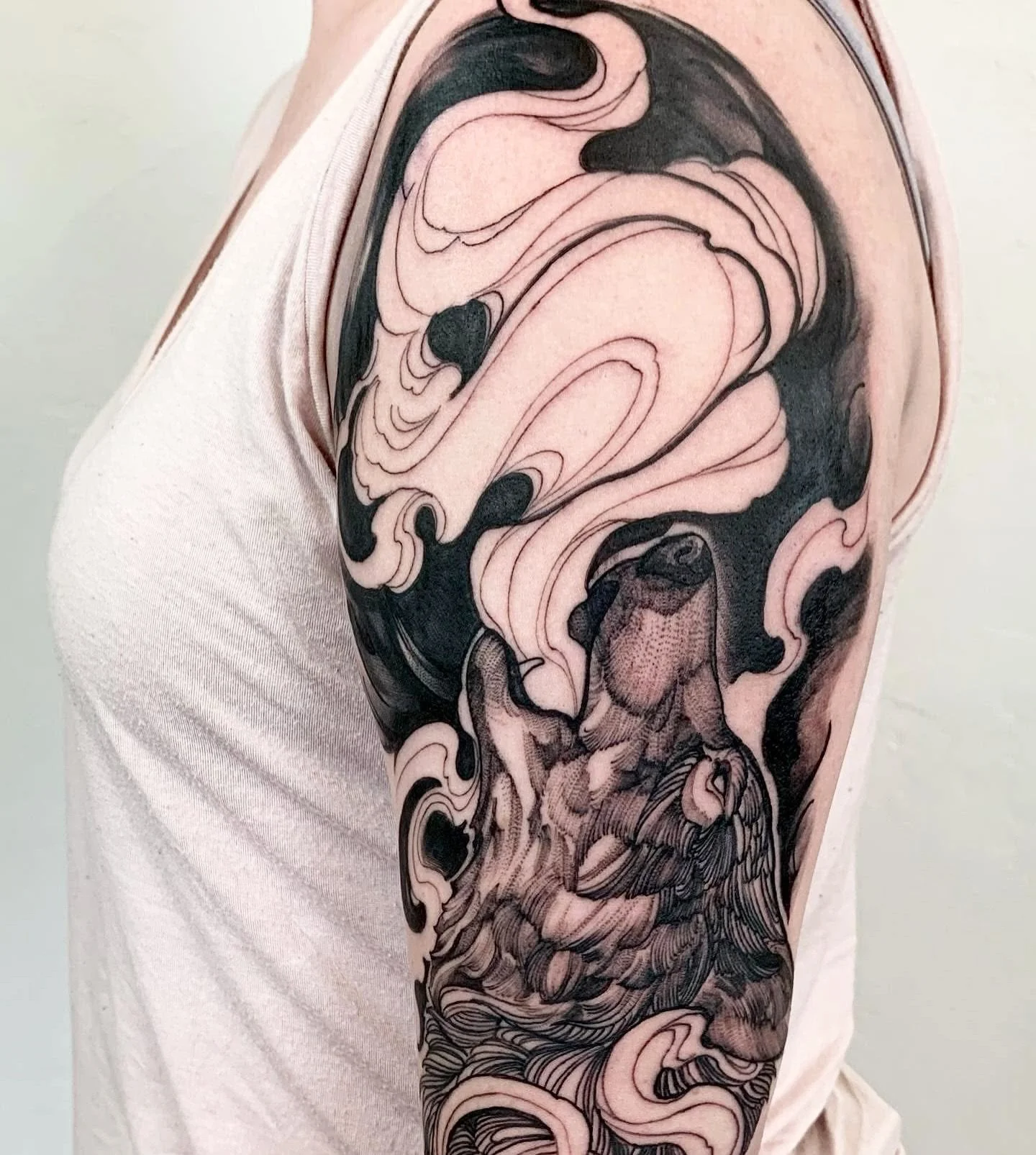 Howl. From a few years ago! Made at @fabletattoogallery! 
#dylansmithink #fabletattoogallery #darkart #tattooart #fantasyart #blacktattoo #blackworkers #blackworkers_tattoo #richmondva #richmondtattoo #vabeach #virginiatattooartist #besttattoos #wol