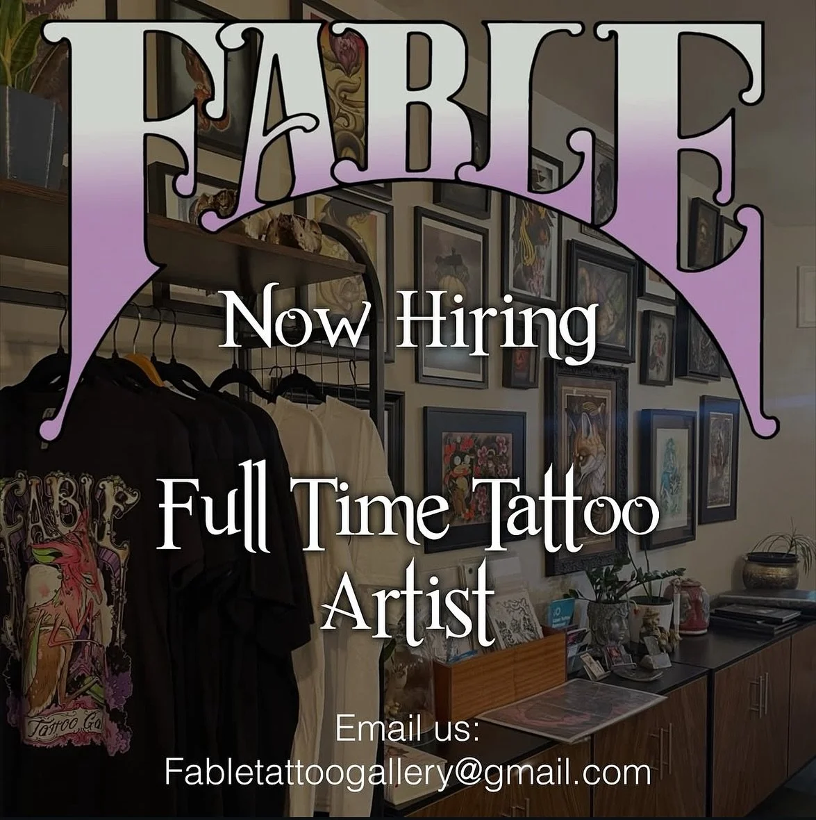 We are looking to fill one more full time position here at Fable Tattoo Gallery in Richmond, VA

&bull; must be licensed with 3+ years of experience
&bull; must have the ability to self manage

&bull; freedom to create your own schedule
&bull; flat r