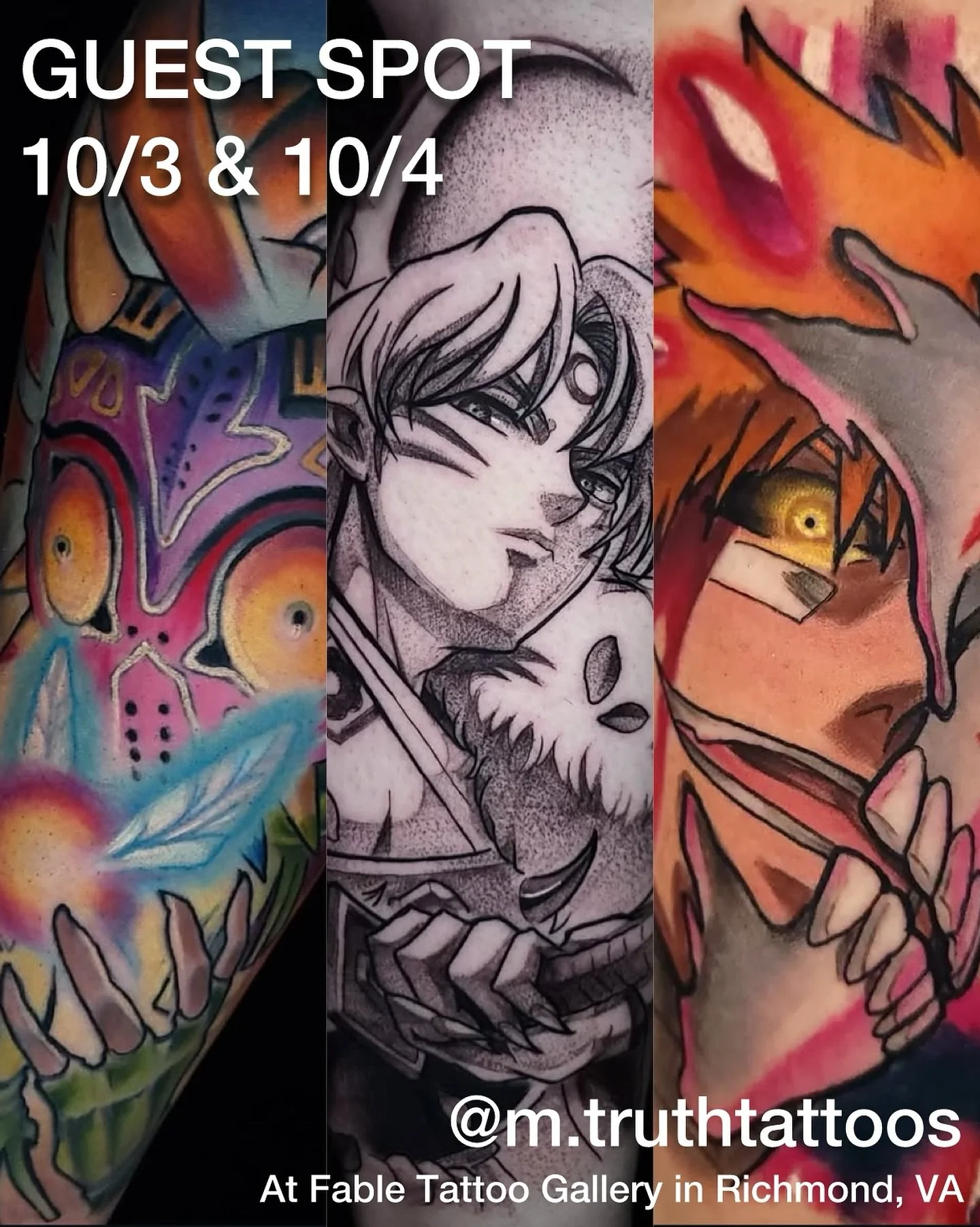 GUEST SPOT 🌟 Marc Asencio @m.truthtattoos will be visiting from Orlando, FL for a few days next month. He specializes in bright, neotraditional &amp; anime tattoos. DM him to book
.
.
#animetattoos #neotradtattoo #neotraditionaltattoo #colortattoo