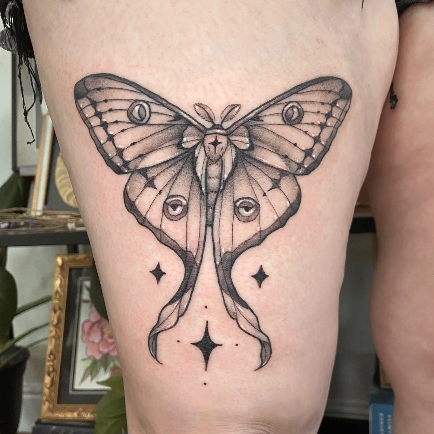 Matchy moth tattoos 🦋 by @dawncarrtattoos - Dawn&rsquo;s books are closed until December but feel free to reach out to get on her mailing list which will send you booking info when her books open back up. 
.
.
#mothtattoo #naturetattoo #bugtattoo