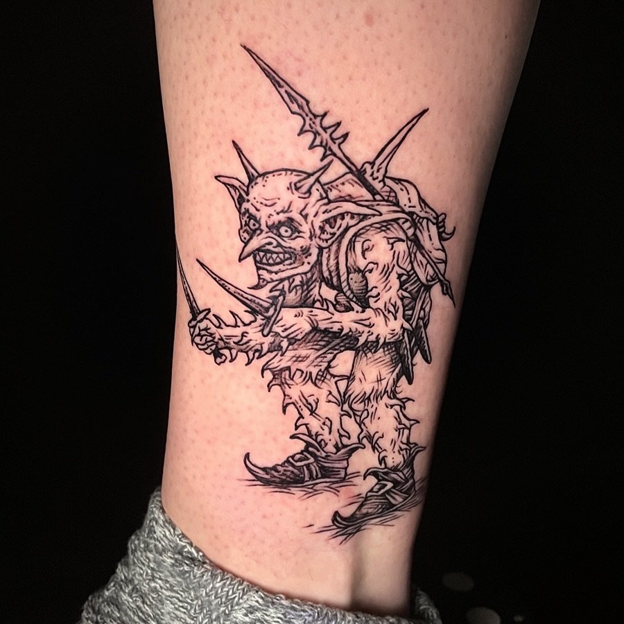 Woodcut style dagger goblin 🗡️ by @sensualbeasts.tattoo - Miranda&rsquo;s books are open for February ✨ 
.
.
#woodcuttattoo #engravingtattoo #fantasytattoo