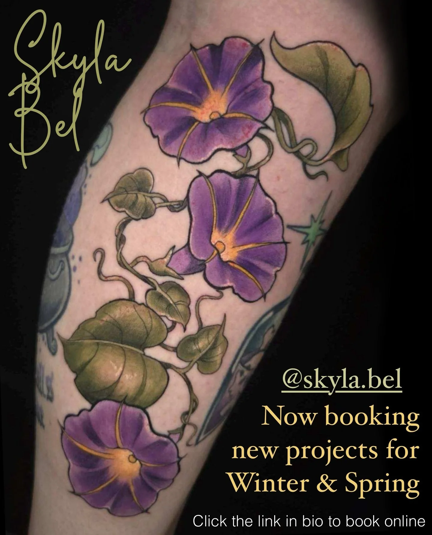 Hello all 👋 Just here to let you know, our newest resident artist @skyla.bel is booking for the remainder of Winter and into Spring! Her style is bold and bright neo-traditional &amp; she is eager to tattoo colorful/surreal critters, characters, foo