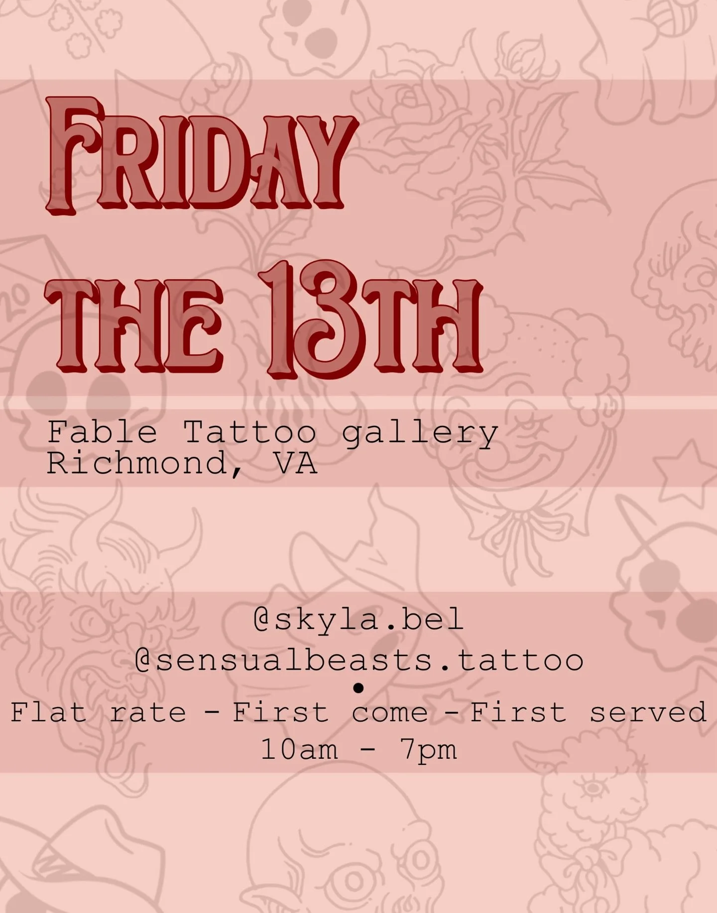 ATTN 🚨⏰ Friday the 13th! @skyla.bel and @sensualbeasts.tattoo will be offering lots of fun flash on 2/13 10:00am-7:00pm - flat rates, first come, first served - we have a big lobby but any overflow will be able to sign up on a sheet and receive a ph