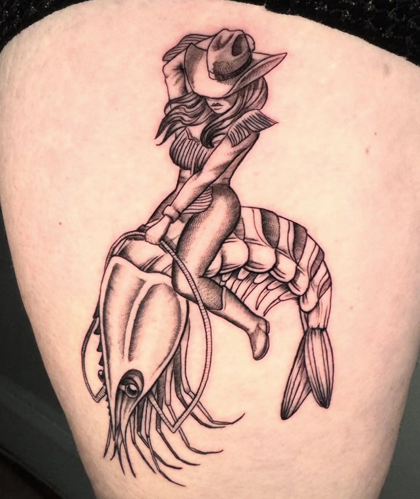 Cowgirl shrimp 🦐 by @danielfarrentattoos