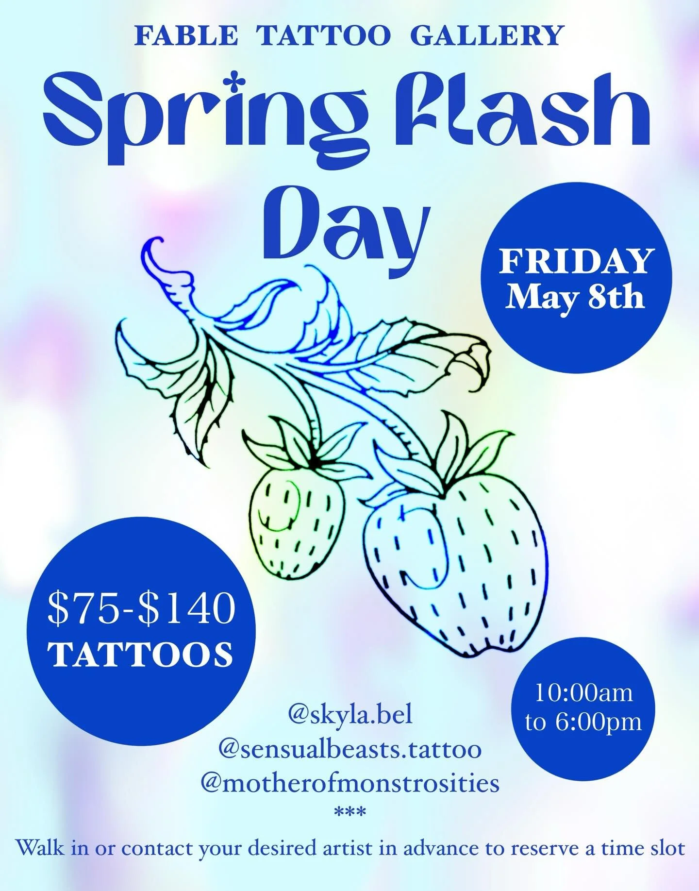 Hello there 👋 Friday 5/8 we&rsquo;re hosting a Spring flash event 10am-6pm. Walk-ins or appointments welcome, contact your preferred artist to book. Come get a cute seasonal tattoo! Slide to see all available flash.