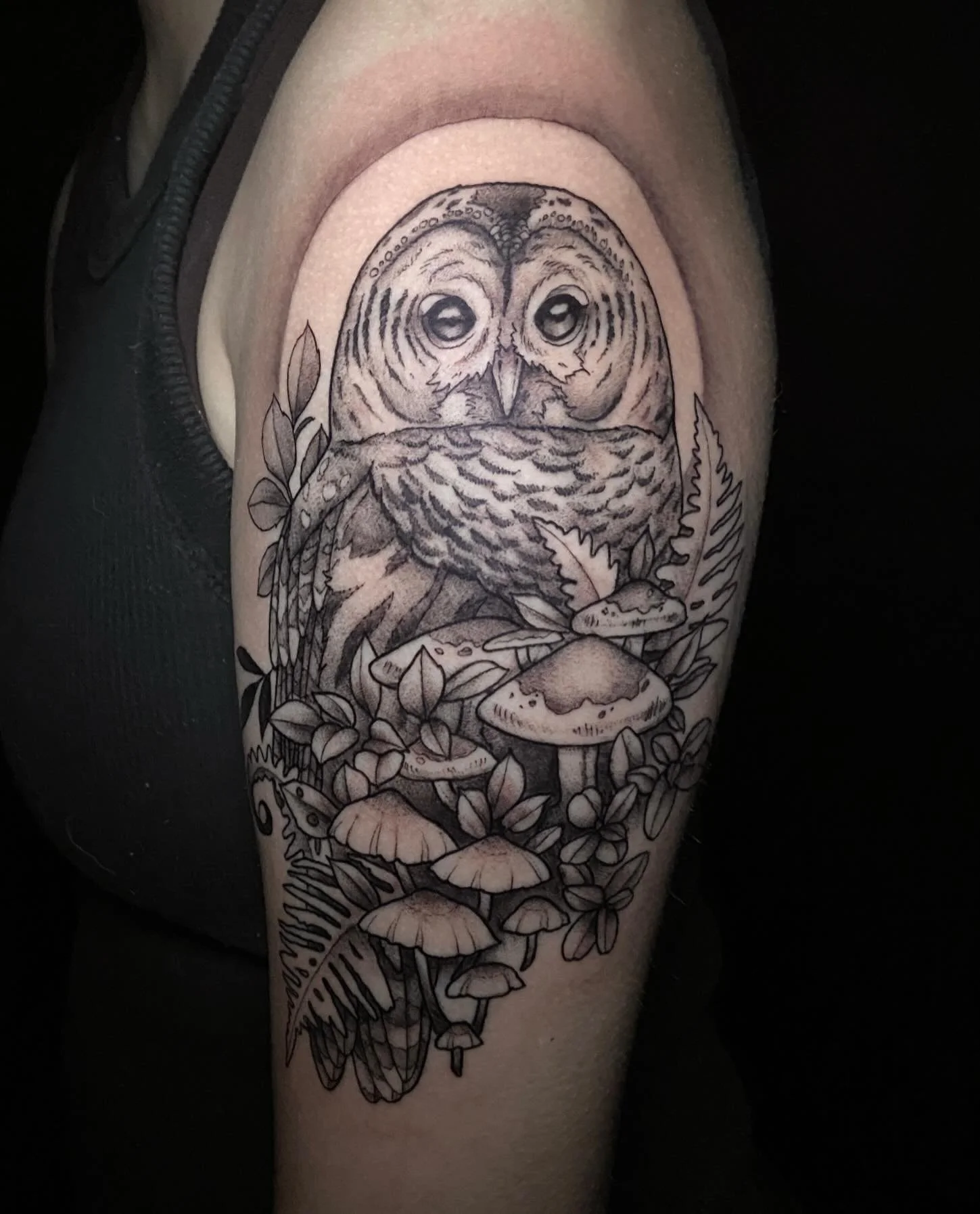 Owl and mushrooms🦉🍄 by @dawncarrtattoos 
.
.
.
#fabletattoogallery #rvatattoo #richmondtattoo #illustrativetattoo #owl