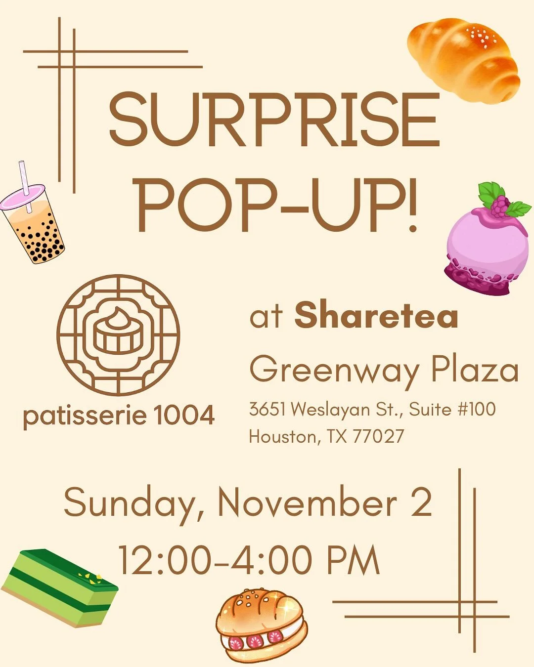 HOUSTON, WE&rsquo;RE POPPING UP!!!
We&rsquo;re bringing our Korean-French desserts and Korean Salt Breads to @shareteagreenway next Sunday (12&ndash;4 PM)! 🥐✨

Quantities are limited &mdash; come early to snag your favorites! 💨
