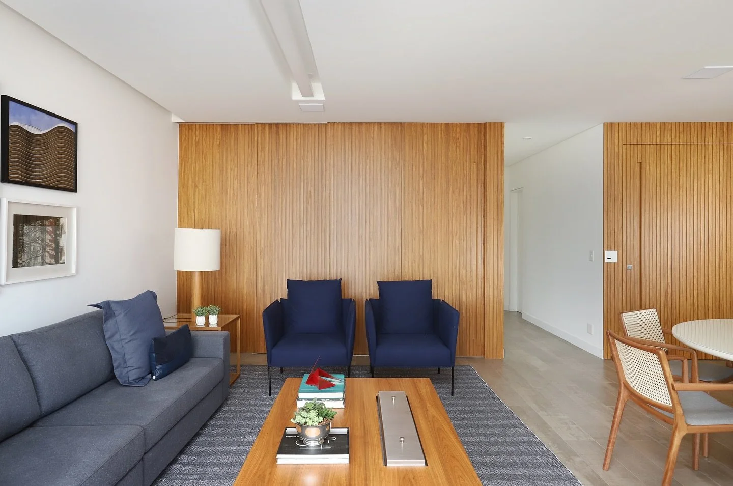 A ideia aqui foi manter a sala com um visual leve e cont&iacute;nuo. Por isso, a porta que leva &agrave; sala de TV foi camuflada no painel de madeira, criando um ambiente discreto e elegante.

Projeto em co-autoria com t3estudio
📷 Mariana Orsi

#ar