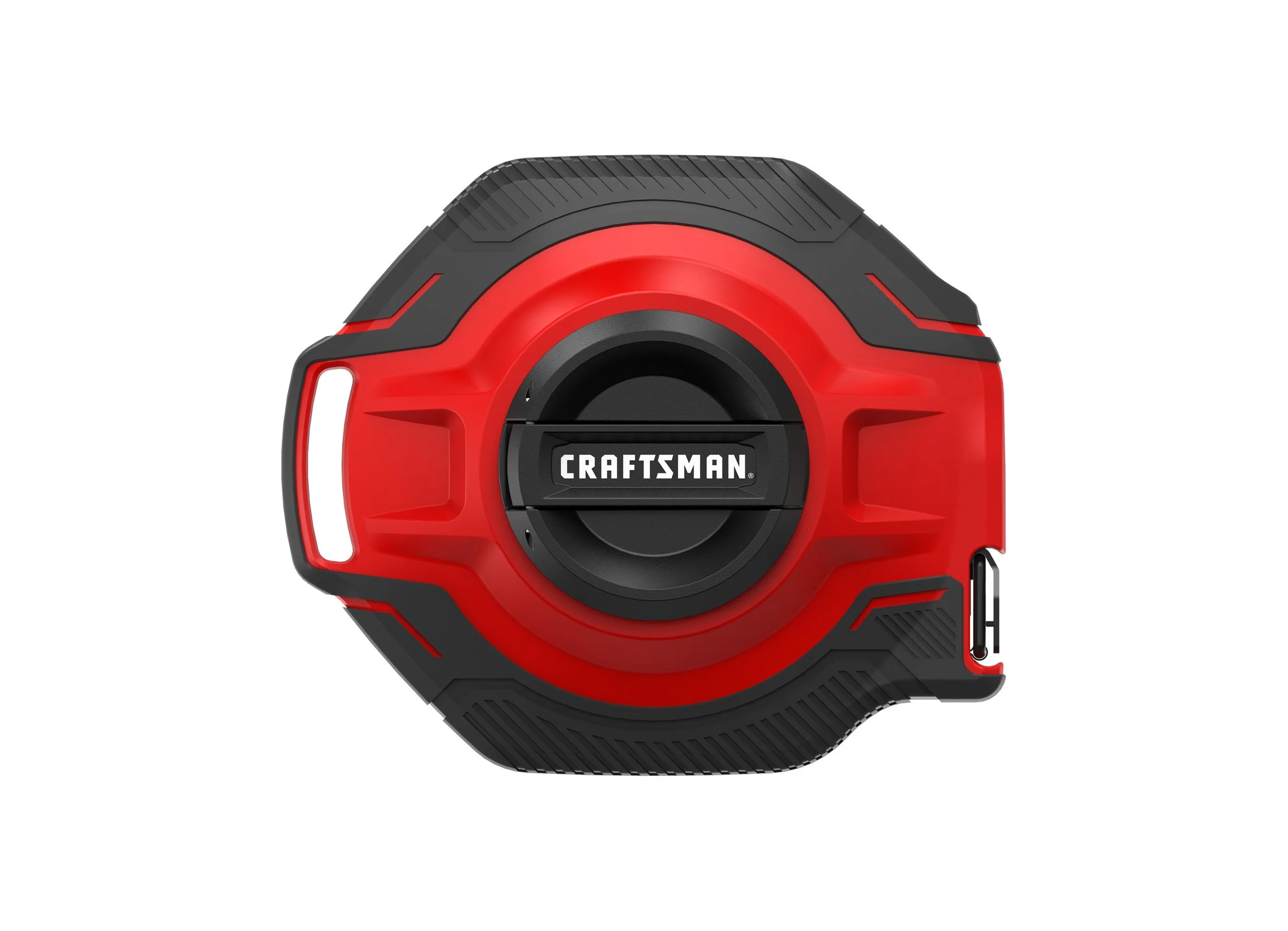 Red and black Craftsman measuring tape with a white background.