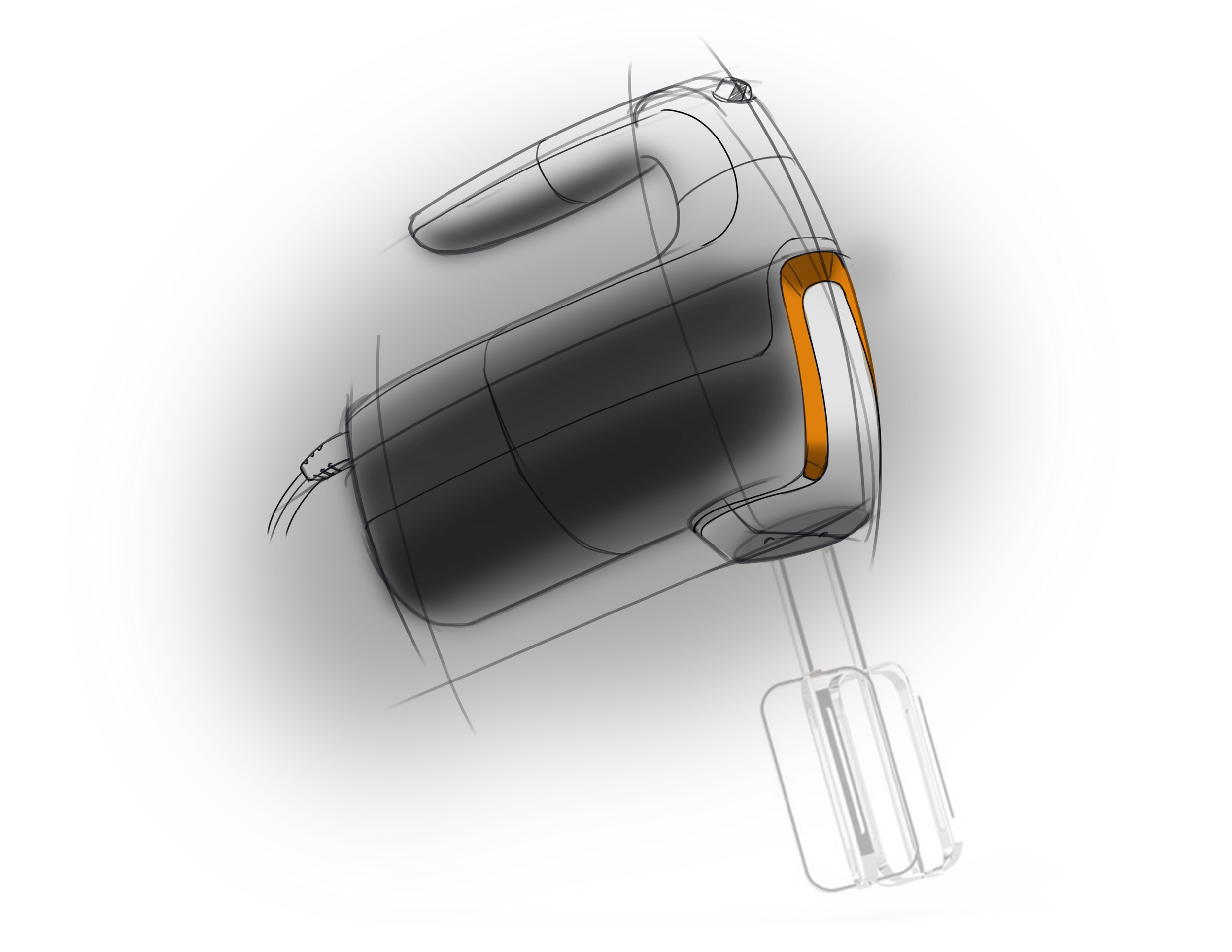 A conceptual sketch of a modern vacuum cleaner with orange and black accents, connected to a power source via a cord.