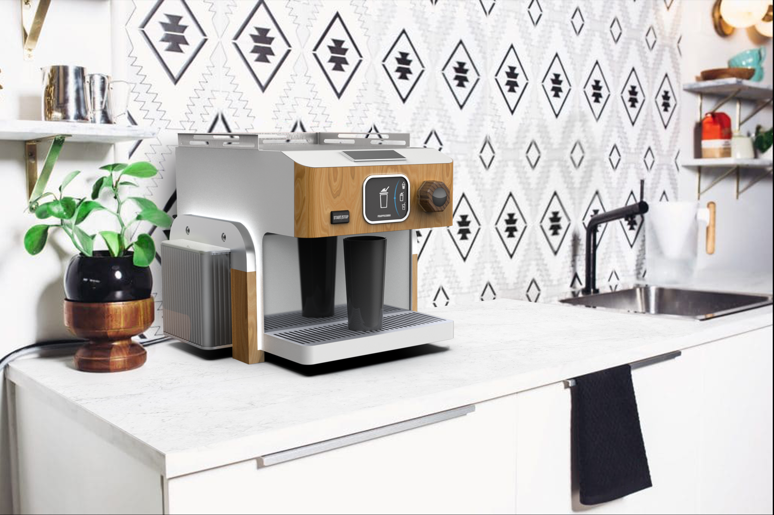 A modern coffee machine on a white kitchen countertop with a plant in a black pot, a sink with a black faucet, and rustic shelving with various kitchen items. The background features a geometric patterned wall.