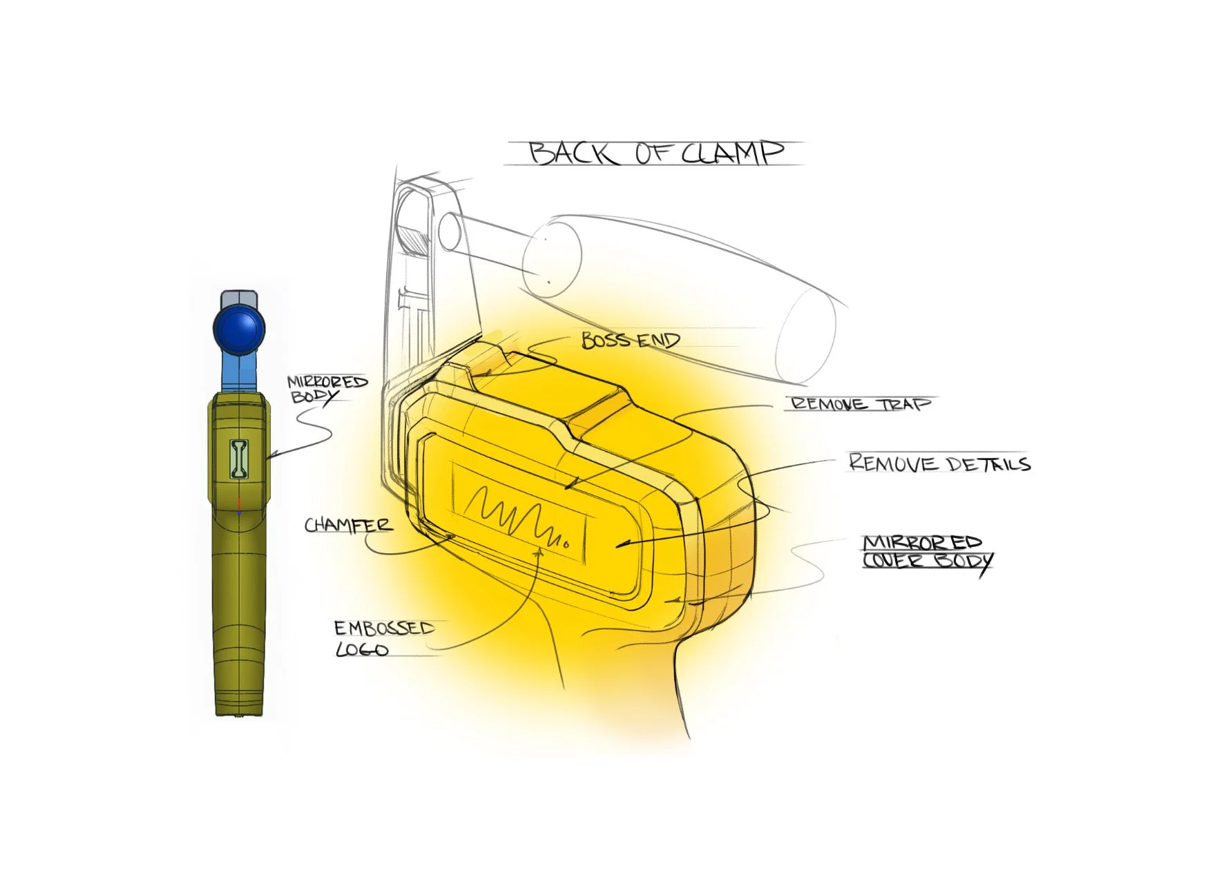 Technical sketch of a device, with parts labeled including mirrored body, chamfer, embossed logo, boss end, remove trap, remove details, mirrored cover body, and back of clamp, with yellow highlighting on the main body. DEWALT DESIGN.