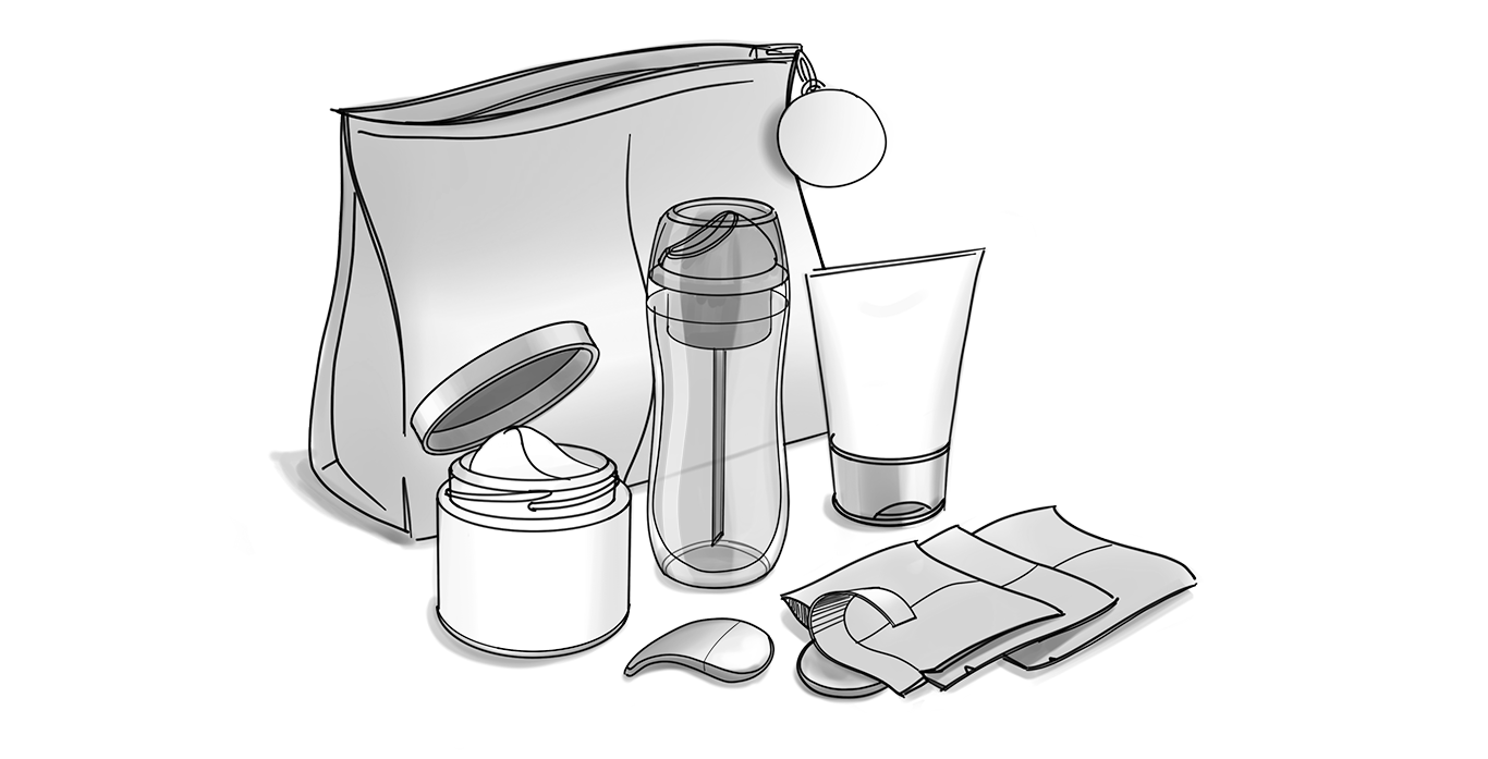 A collection of skincare or cosmetic products including a jar of cream with an open lid, a reusable water bottle, a tube of lotion or cream, a pair of skincare or cosmetic spatulas, and a shopping or storage bag.