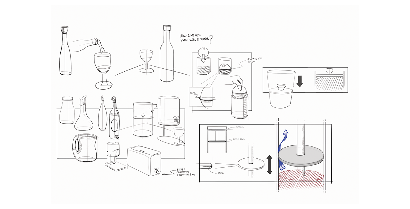 A step-by-step sketch demonstrating how to preserve wine using a vacuum pump and stopper, with illustrations of wine bottles, glasses, and sealing processes.