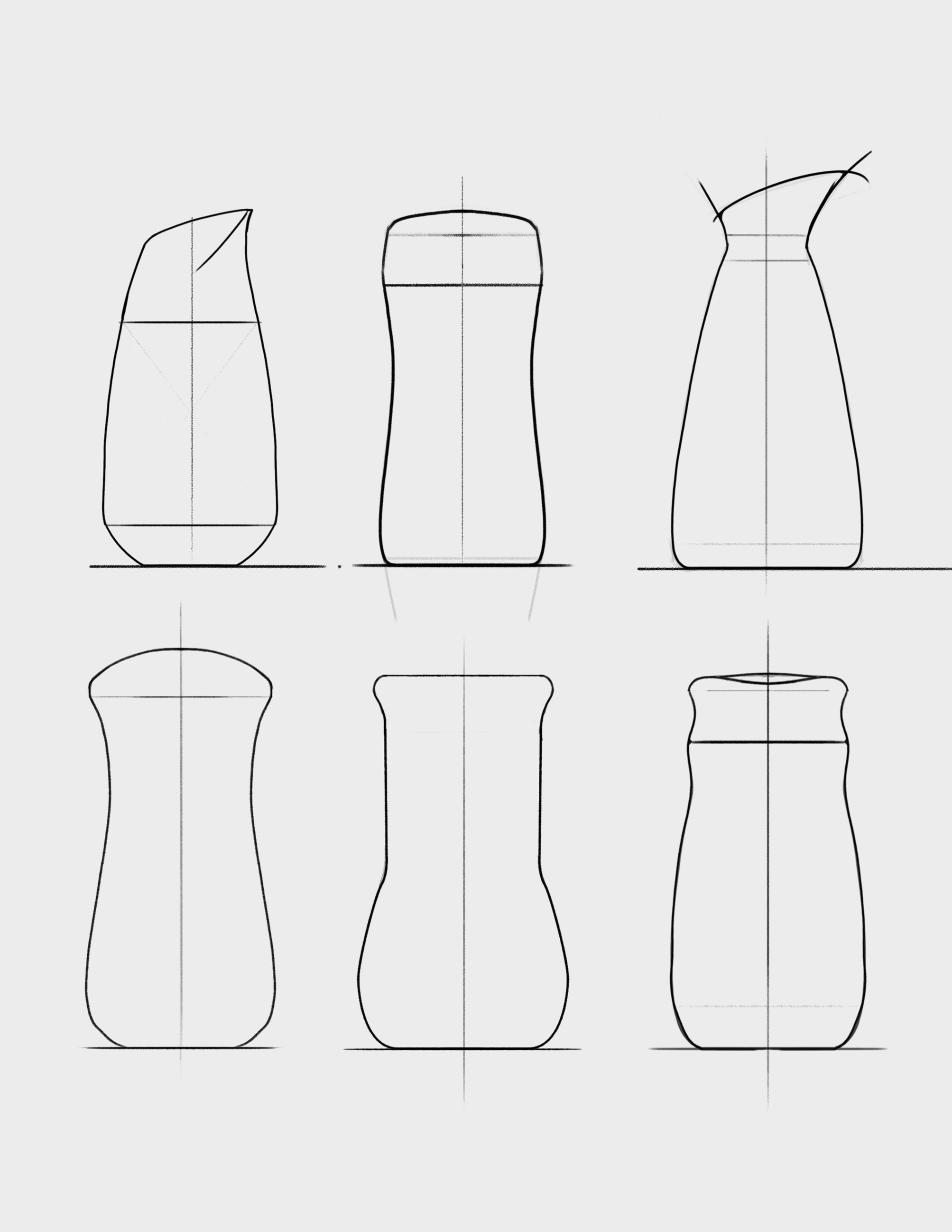 Six sketches of vase shapes, each with construction lines and different contours, arranged in two rows of three. Packaging design