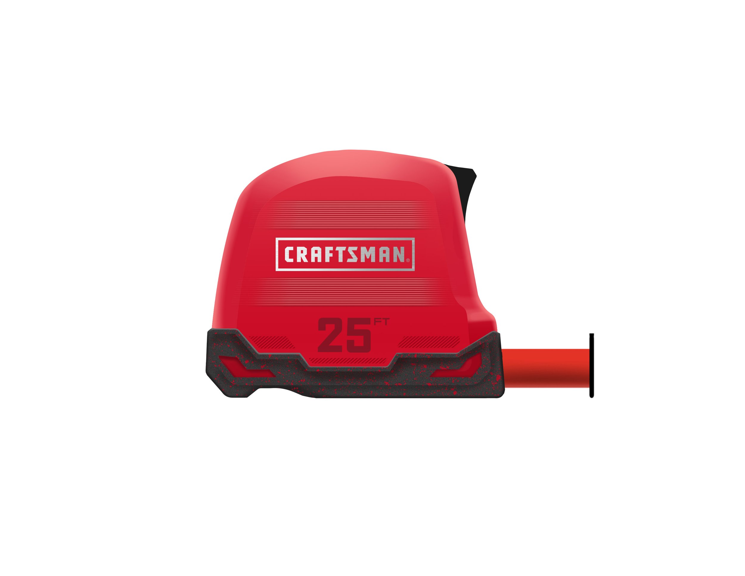 Red Craftsman measuring tape extended 25 feet, with a black and red inner tape, on a white background.