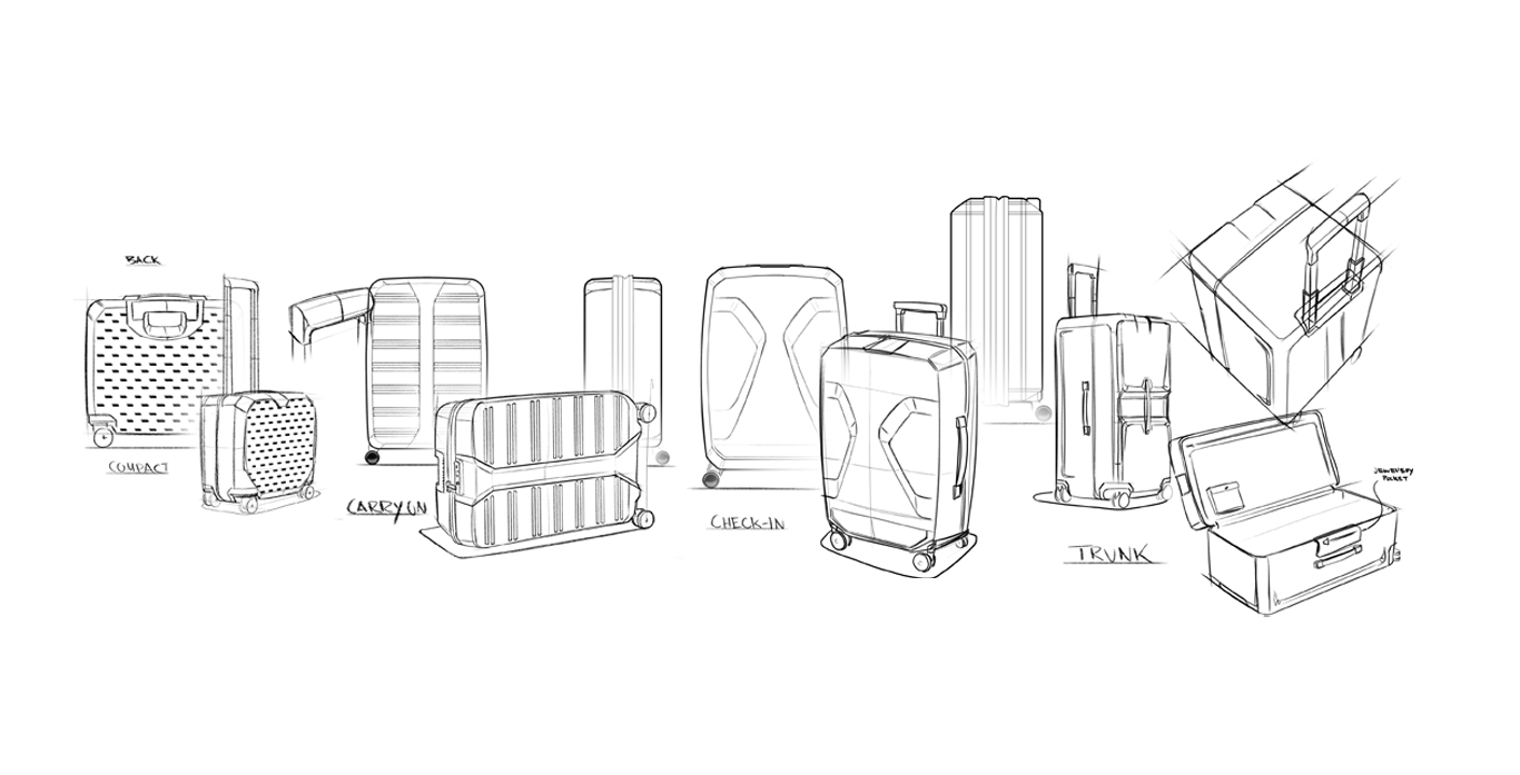 Line drawing of various suitcase designs including a compact, carry-on, check-in, trunk, and open suitcase with compartments, labeled with different styles and features.