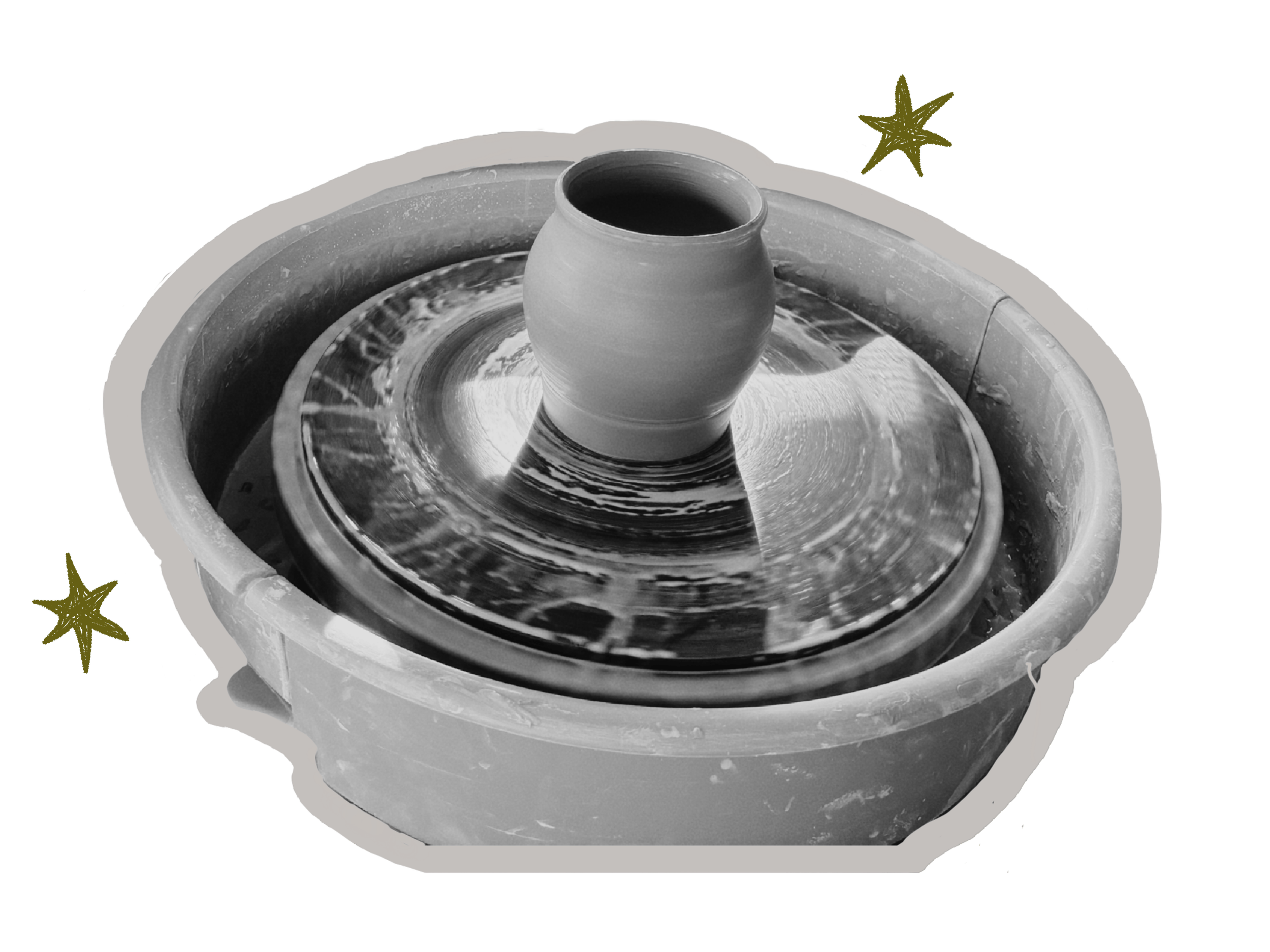 A pottery wheel shaping a clay vase, with water and clay splashes visible around the wheel.