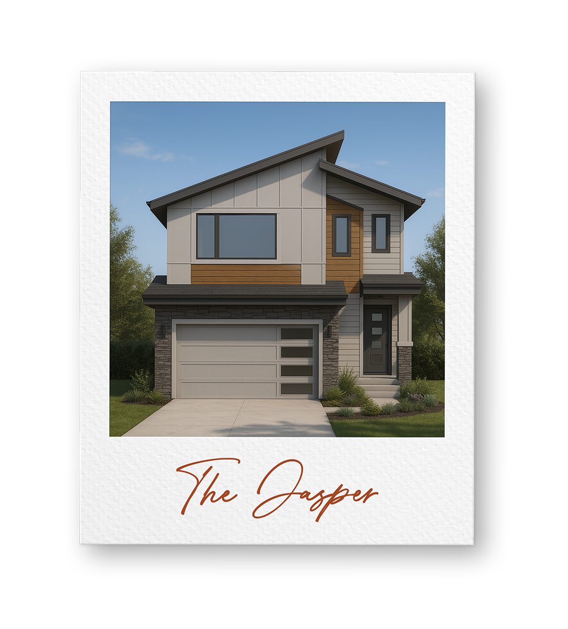 Modern two-story house with a garage, landscaped front yard, and a sign reading 'The Jasper'.