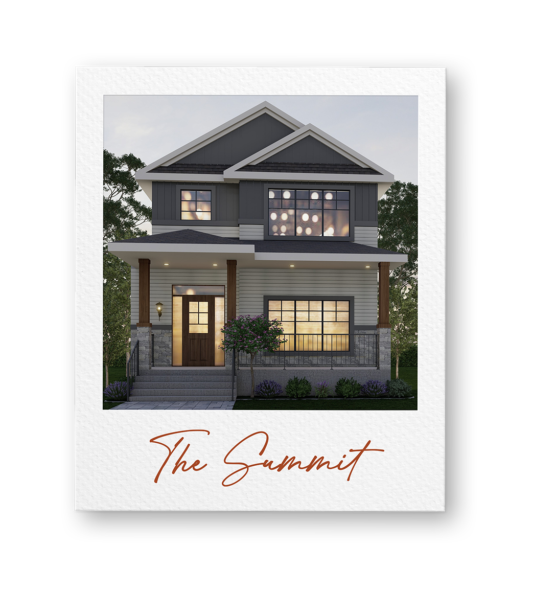A modern two-story house with gray and white exterior, front porch with steps, large windows, and a small tree in front, labeled 'The Summit'.