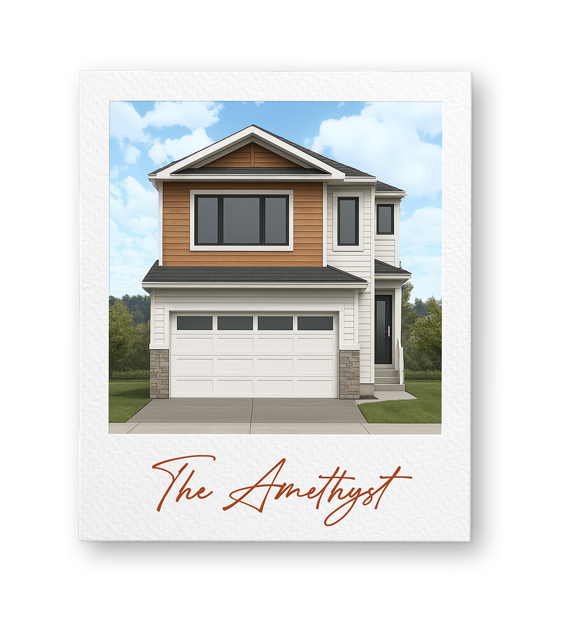 Illustration of a modern two-story house with white siding, brown wood accents, a front garage, and steps leading to the front door, with the text "The Amethyst" written below.