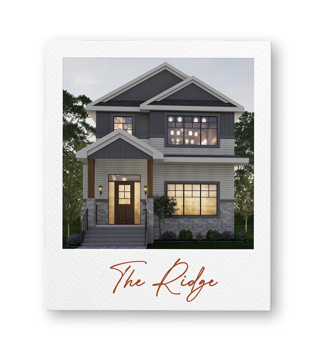 Front view of a modern, two-story house with gray and white exterior, stone accents, front steps, and a wooden door, labeled 'The Ridge'.