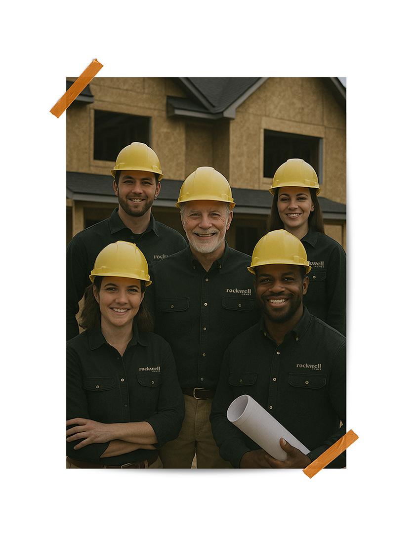 Group of five smiling construction workers wearing yellow hard hats and black shirts with 'rockwell' logo, standing in front of a house under construction, holding rolled-up blueprints.