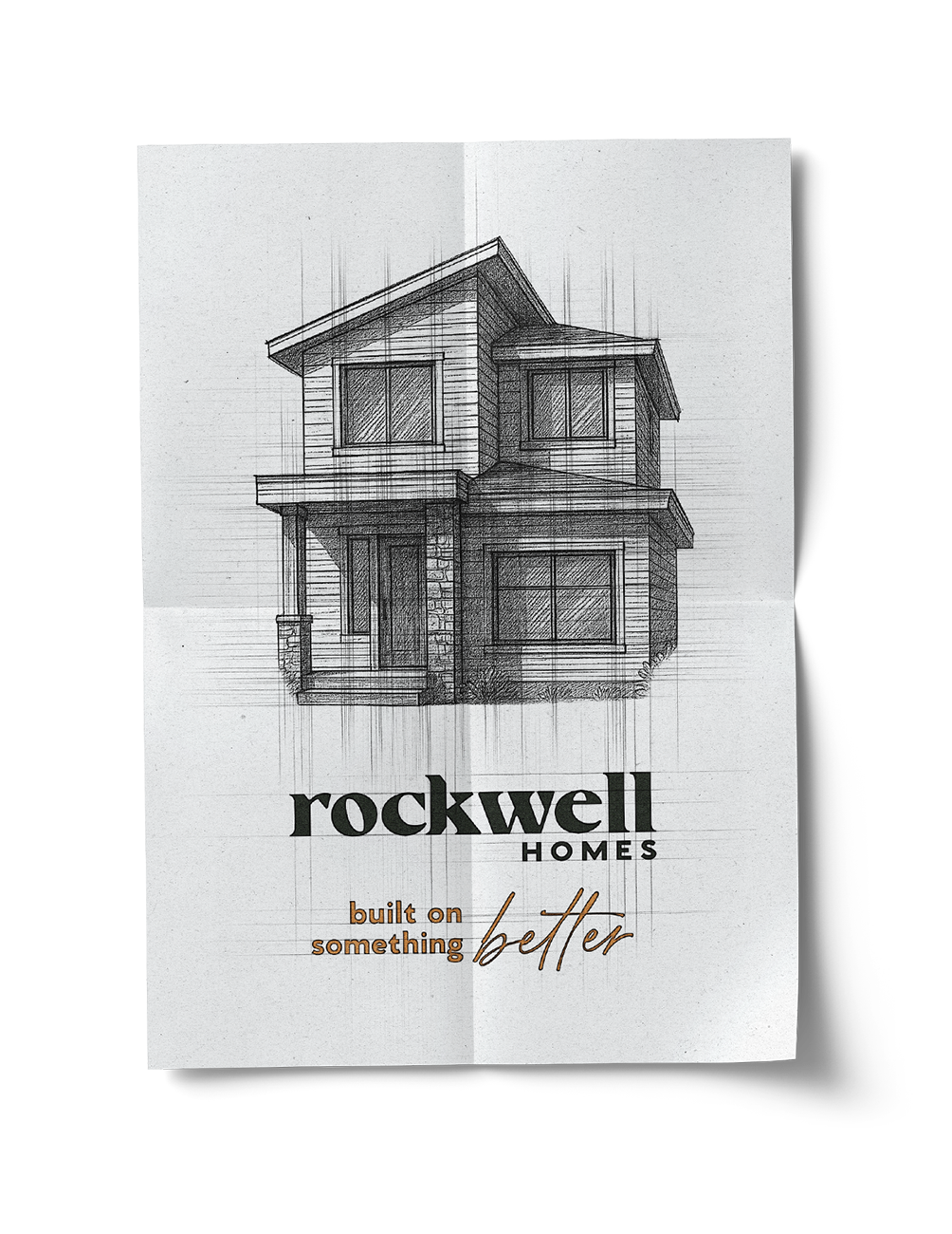 Sketch of a two-story house with large windows, siding, and a front porch, branded as Rockwell Homes with the tagline 'built on something better'.