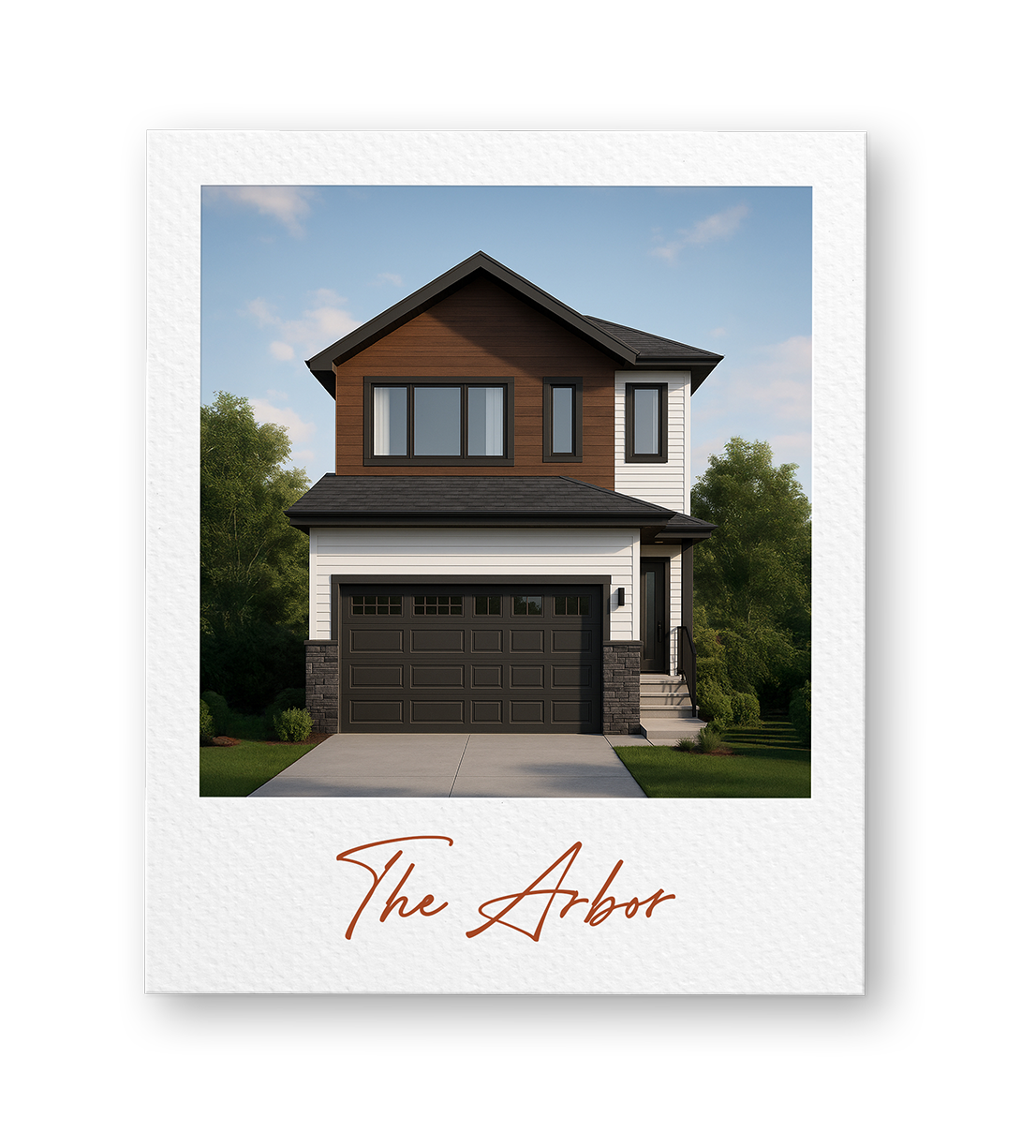 Front view of a modern two-story house with a black garage door, a covered front porch, and a mixture of brown, white, and black exterior siding, surrounded by a green lawn and trees, under a blue sky with some clouds.