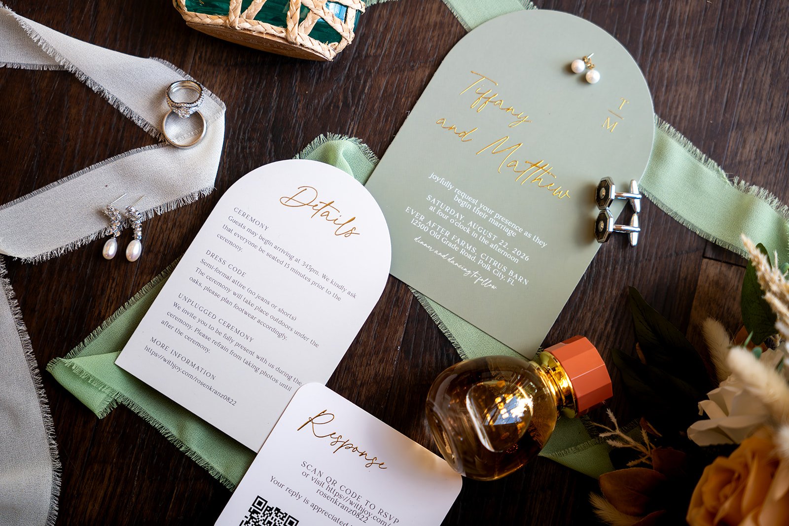 Tiffany and Matthew’s sage green wedding invitation suite styled with terracotta, ivory, and sage details for their Central Florida wedding.