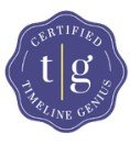 Certified Timeline Genius professional badge recognizing expertise in creating detailed, seamless wedding day timelines and logistics.