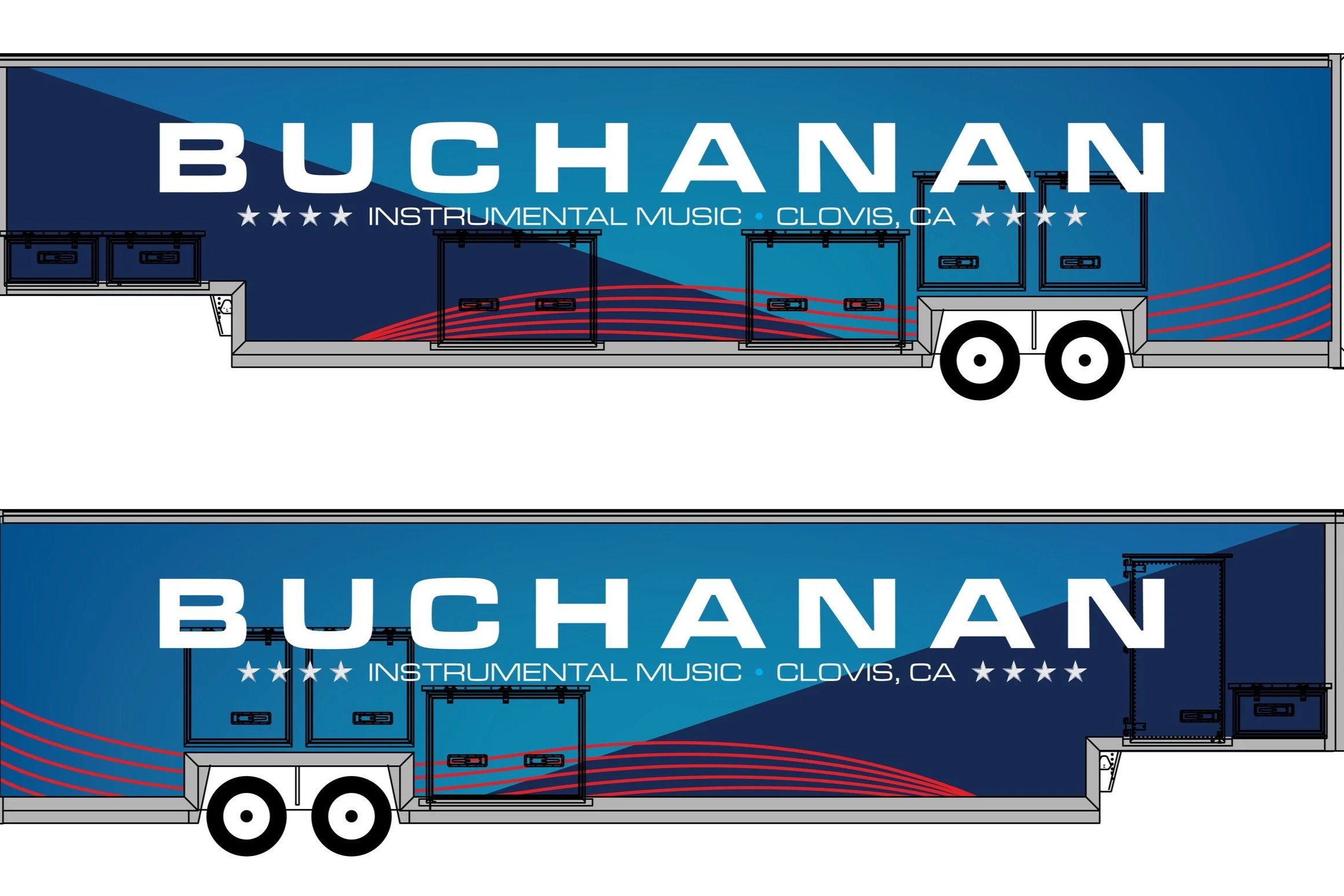 Design of a music trailer with blue background, large white text reading "BUCHANAN," smaller text "INSTRUMENTAL MUSIC C,