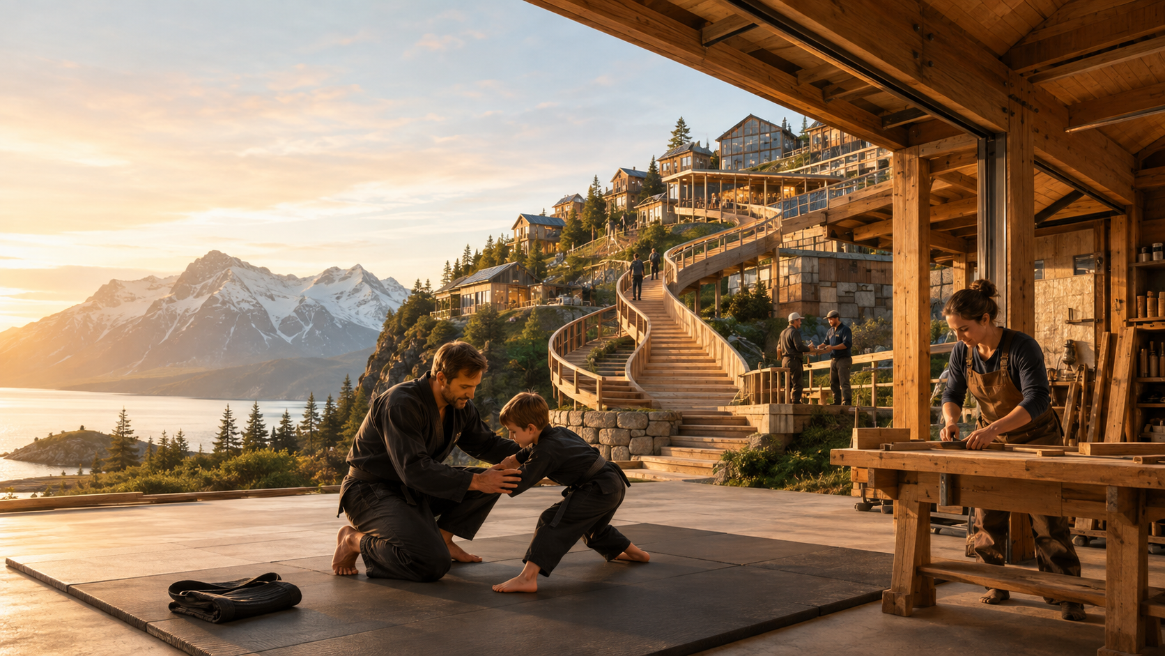 A family practicing martial arts and skilled work beneath a spiral stairway symbolizing mentorship, apprenticeship, and growth into the future.