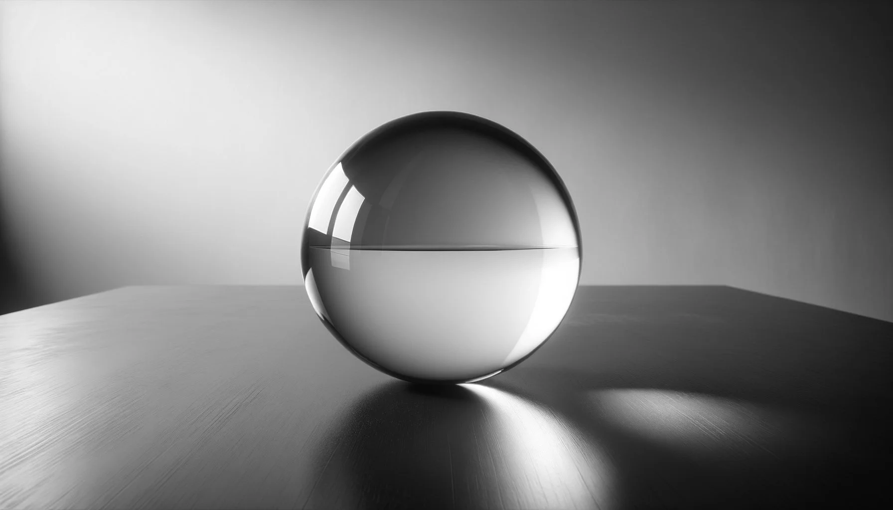 A transparent glass sphere on a wooden surface with reflections and shadows, black and white lighting.