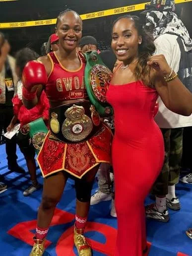 Miriam Archibong and Claressa Shields right after Claressa won the August 15, 2026 fight against Kaye Scott
