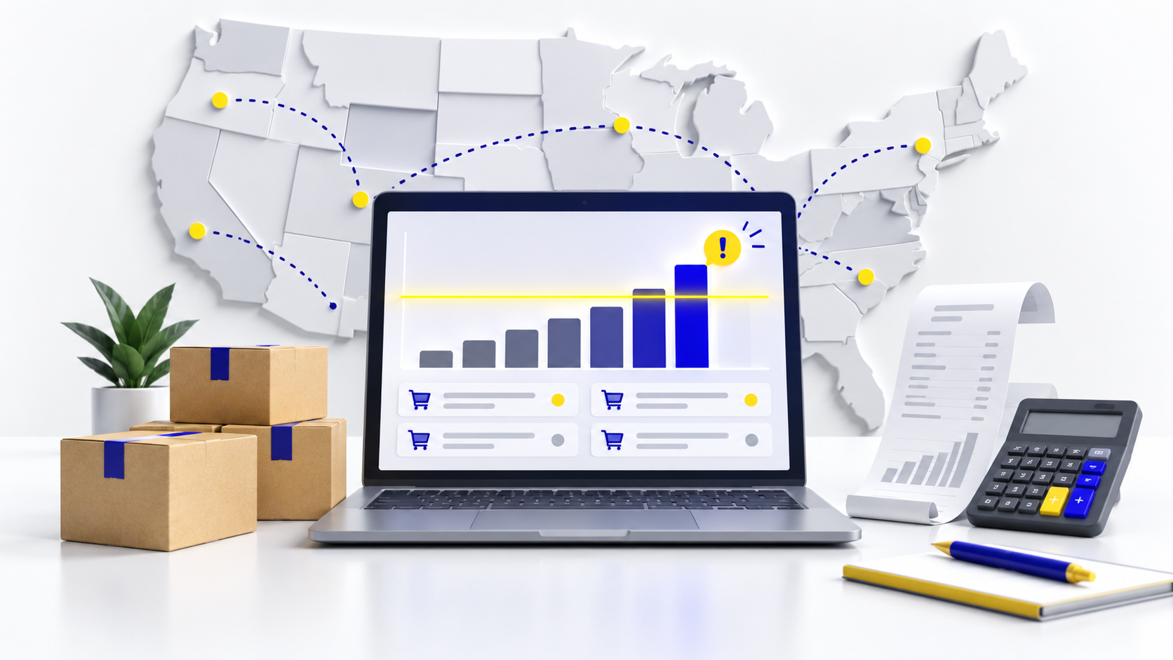 Laptop displaying online sales data beside shipping boxes, a receipt, and a calculator, with a U.S. map illustrating interstate sales.