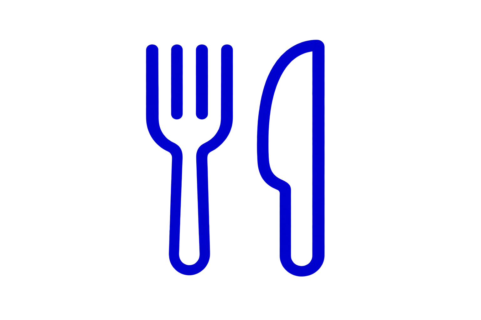 Blue neon outline of a fork and knife crossed together.