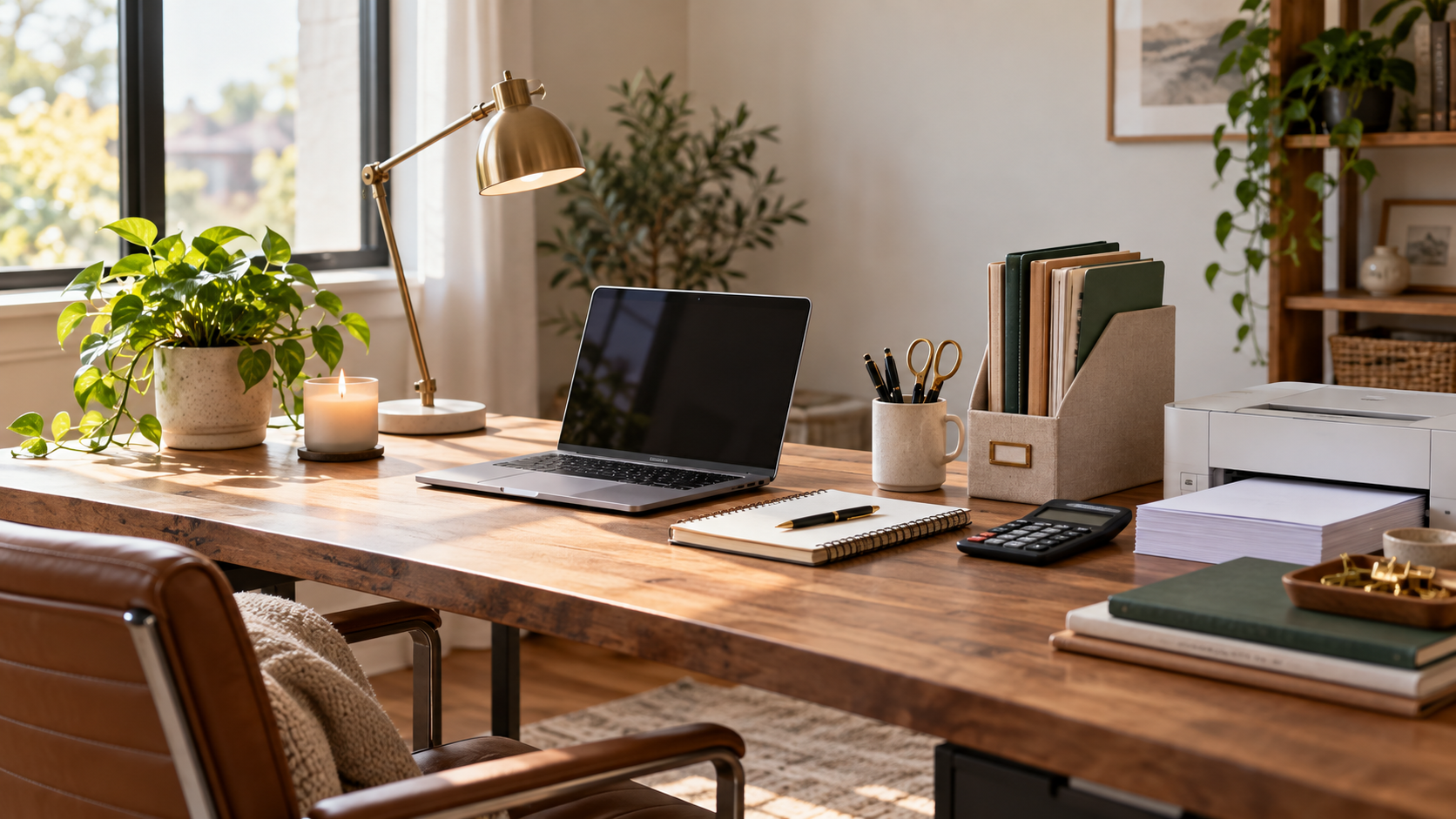 Modern home office desk featuring a laptop, printer, calculator, notebooks, office supplies, plant, and candle, illustrating potential home office supply tax deductions.