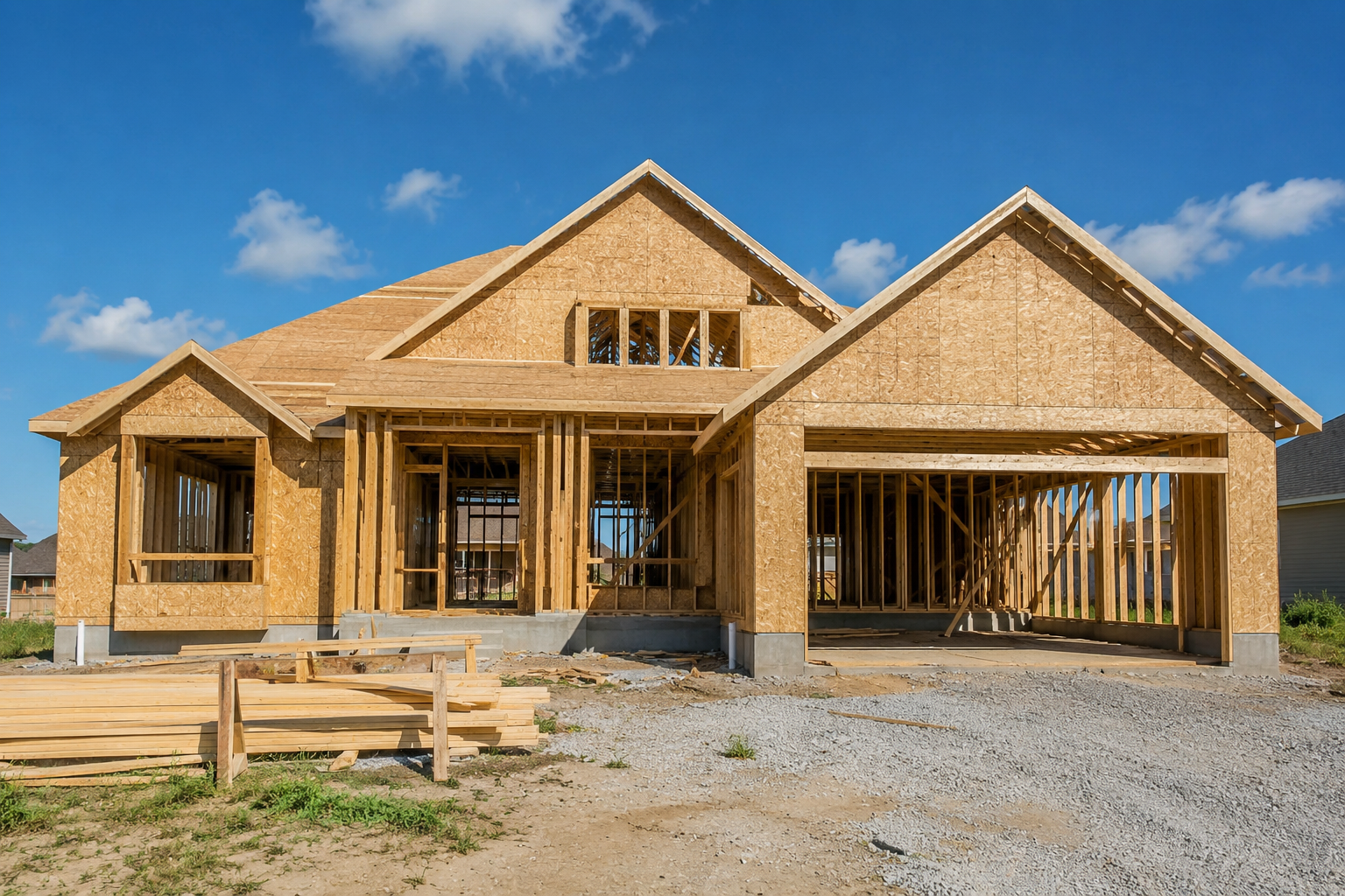 Single-family house under construction with exposed wood framing and sheathing, illustrating a real estate property that may benefit from a cost segregation study.