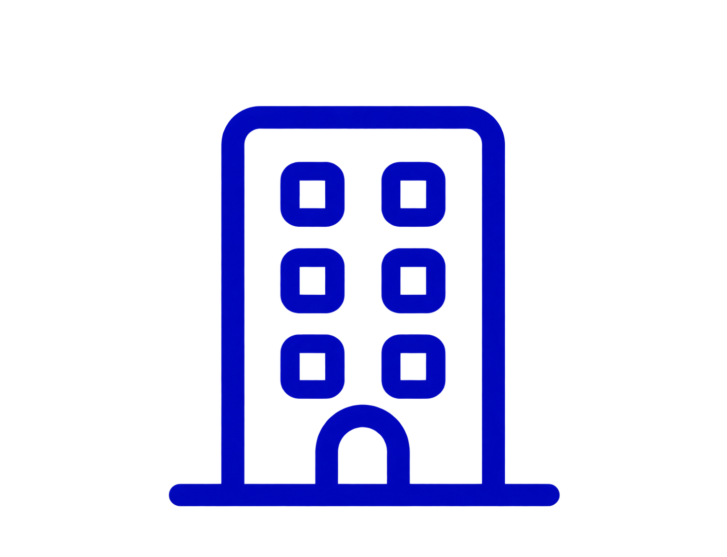 Outline of a multi-story building with six windows and an arched entrance, depicted in blue.