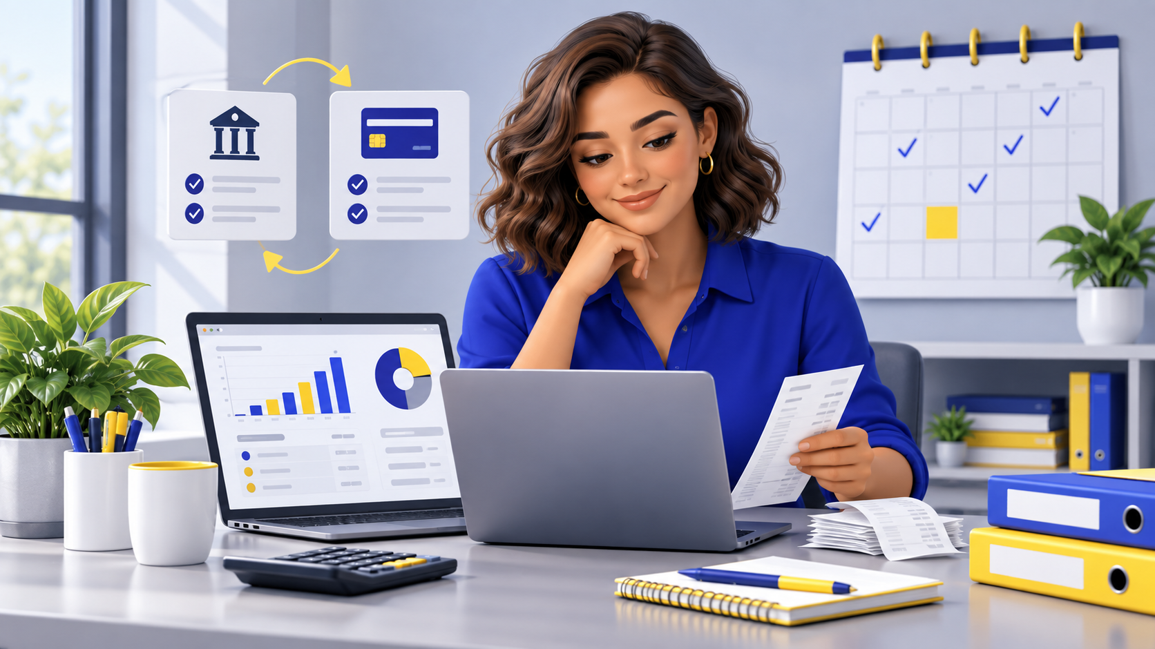 Small-business owner reviewing receipts and monthly financial reports on a laptop at her desk.
