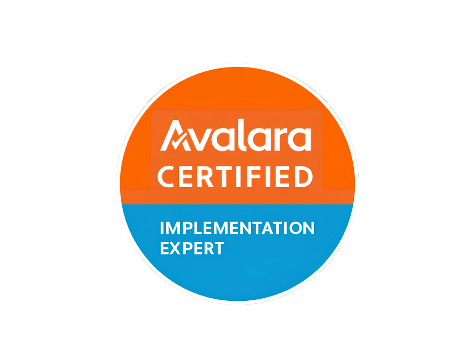 A circular badge with orange and blue sections. The orange section reads "Avalara CERTIFIED," and the blue section says "IMPLEMENTATION EXPERT."