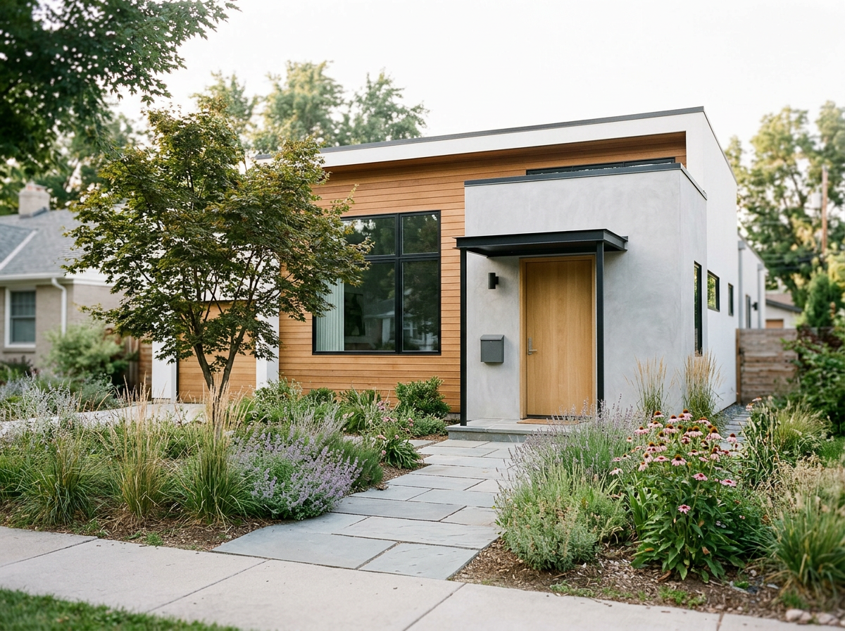 Modern single-story home with wood siding, large windows, and landscaped front yard.