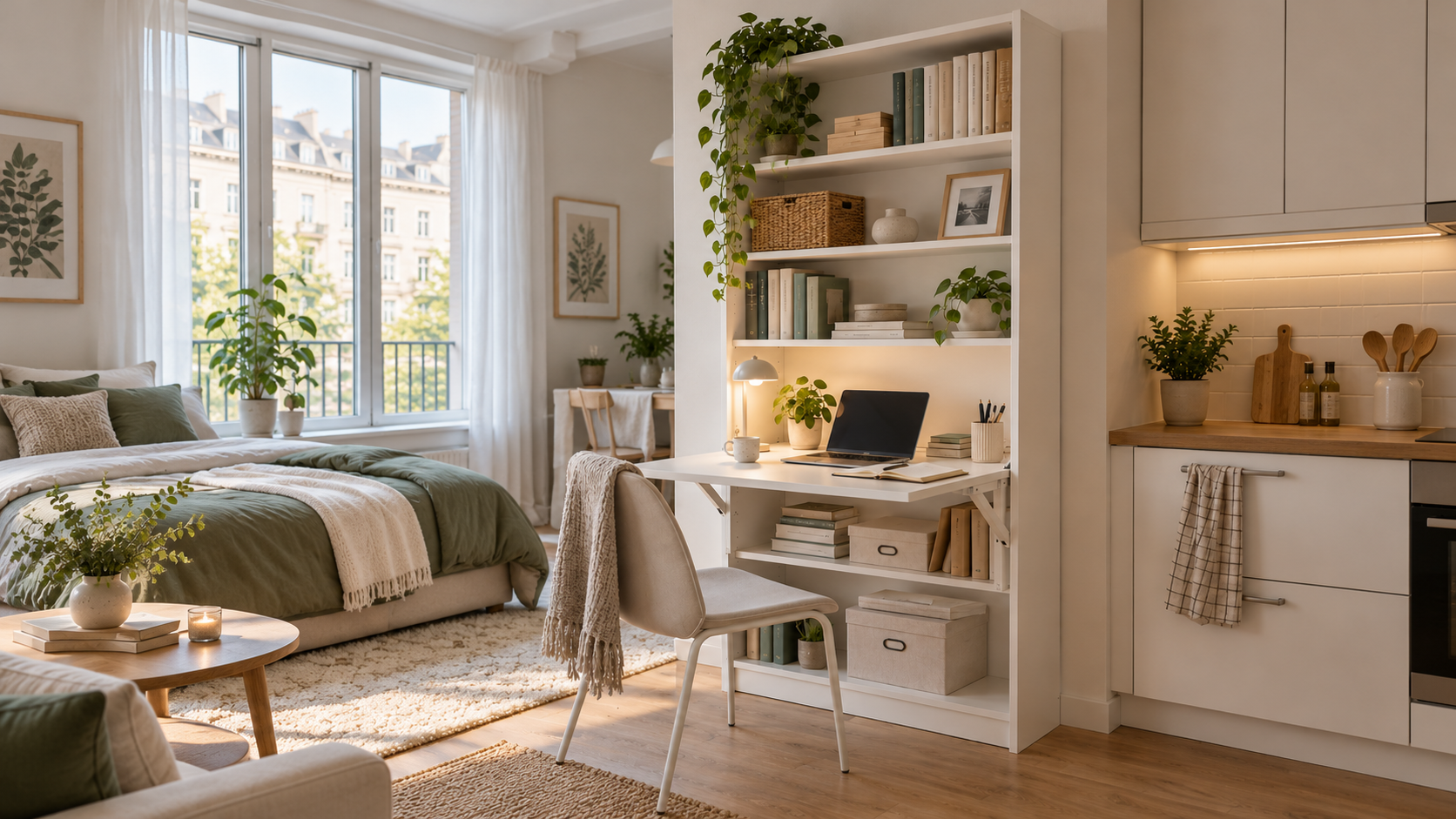 White bookcase with a fold-down desk, laptop, and office supplies creating a compact home office in a small studio apartment.